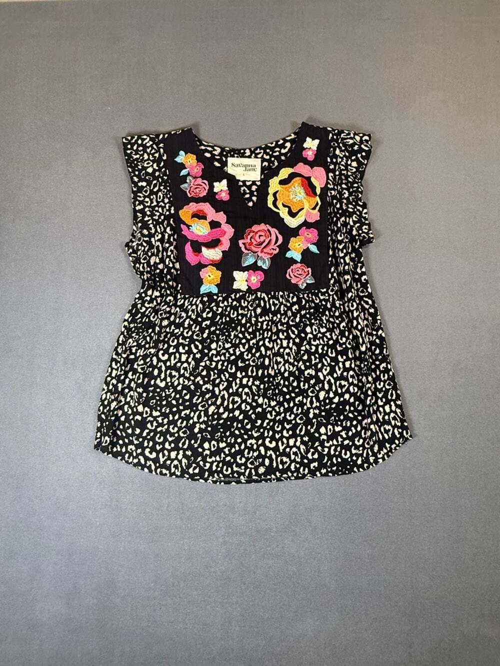 Savanna Jane Embroidered Floral Leopard Print Boho Blouse Top Large